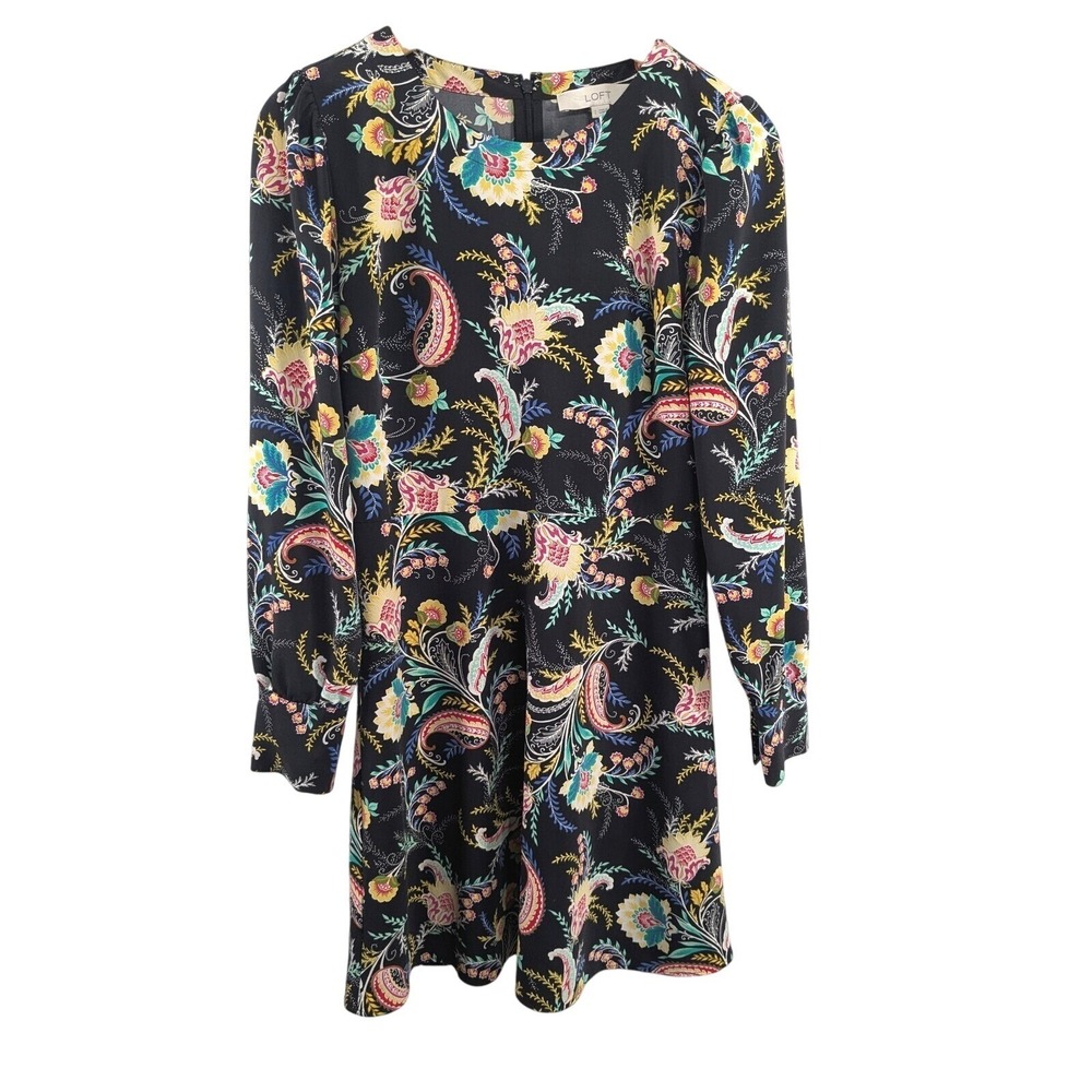 Loft Womens Paisley Long Sleeve Dress sz 2 Multicolor Knee Length Fit and Flareh